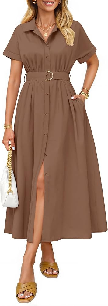 ZESICA Women's Summer Short Sleeve Midi Dress 2026 Button Down A Line Belt Work Business Casual L... | Amazon (US)