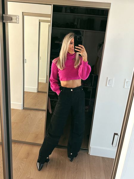This cropped hot pink sweater from revolve is so good for spring! Wearing an XS. Also linking these high waisted baggy cargo denim pants (XS)  

#LTKfindsunder100 #LTKstyletip #LTKfindsunder50
