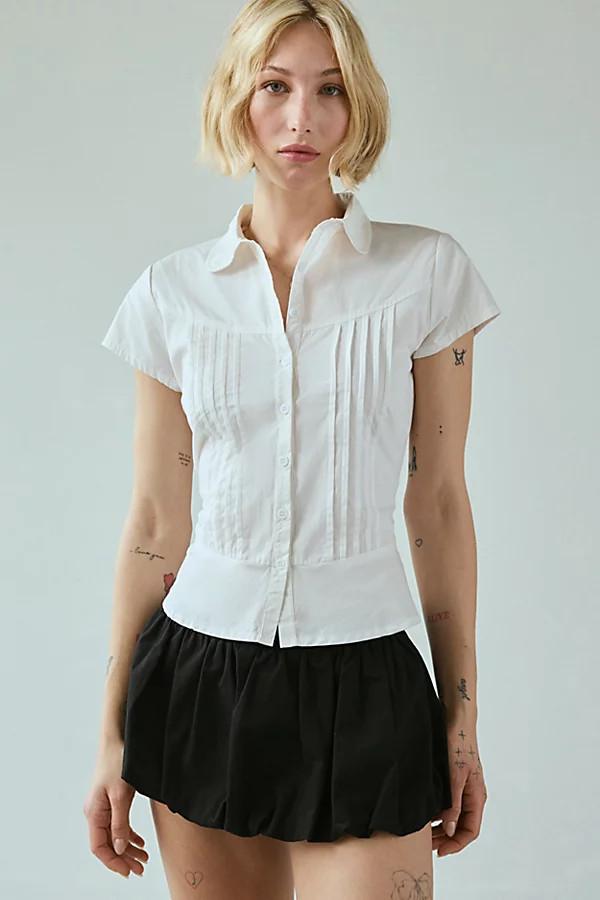Motel Wilmot Cotton Poplin Pintuck Button-Down Shirt in White, Women's at Urban Outfitters | Urban Outfitters (US and RoW)