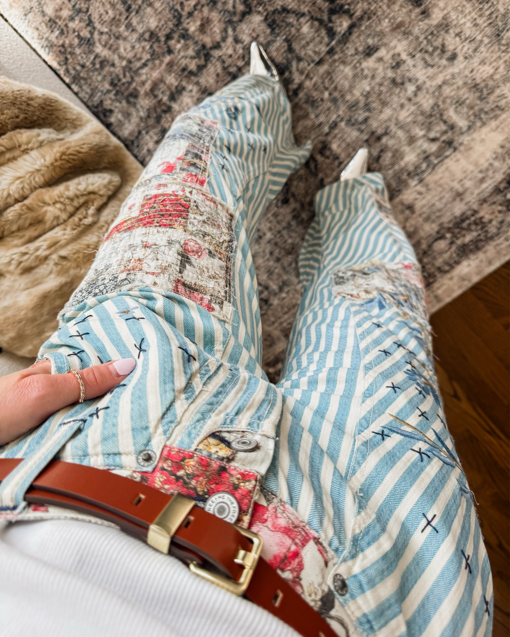 Patchwork detail on these fun pants. 
They run a little big. Size down. 
0 here with a kitten heel  

#LTKValentine #LTKSeasonal