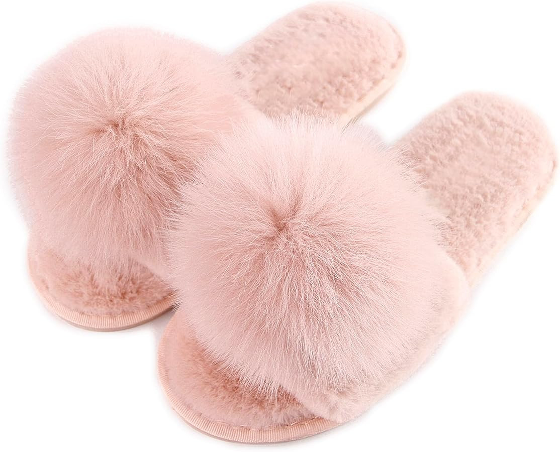 HIPRETTYUS Women Slippers with Real Fox Fur Ball, Girl Furry Cozy Warm House Slipper, Open Toe So... | Amazon (US)