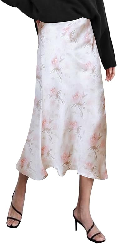 Zeagoo Womens Midi Skirt High Waisted Solid Satin Dress Zipper Elegant Work Skirts | Amazon (US)