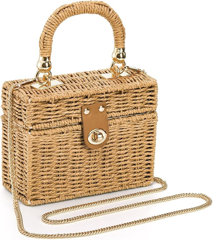 Square Straw Handbag, Vintage Women's Wicker Basket Bag, Handmade Rattan Crossbody Bag, Boho Tote... | Amazon (US)