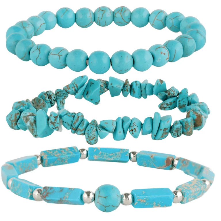 3Pcs Bohemian Turquoise Stone Bracelet Set for Women, Natural Blue Gemstone Beaded Stretch Healin... | Walmart (US)