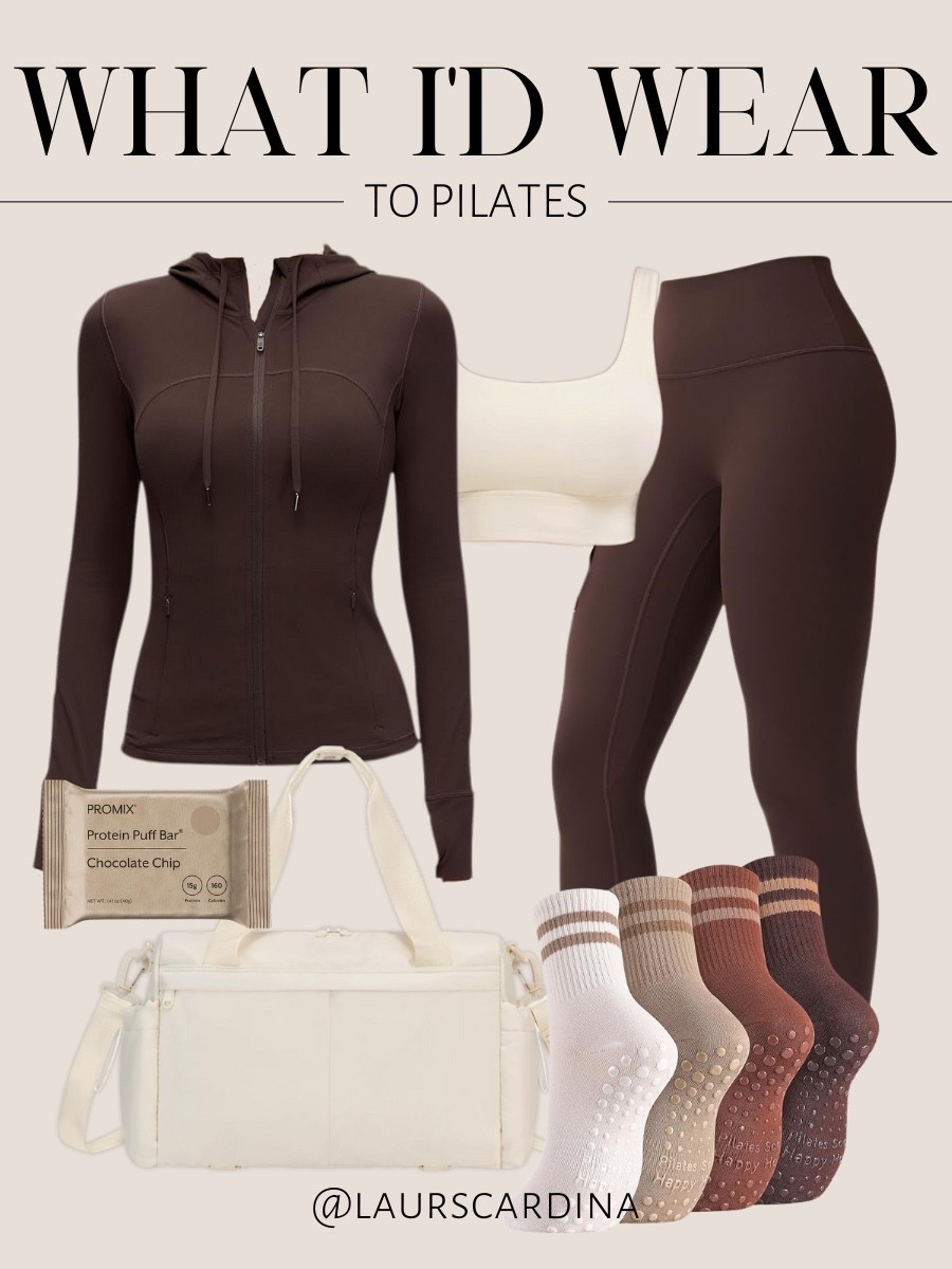 An outfit I’d wear to Pilates includes a cream sports bra, chocolate brown leggings and a zip up jacket, a gym bag, tall socks, and ProMix protein bars.

Ootd, workout outfit, casual outfit, loungewear

#LTKootd #LTKFindsUnder50 #LTKActive