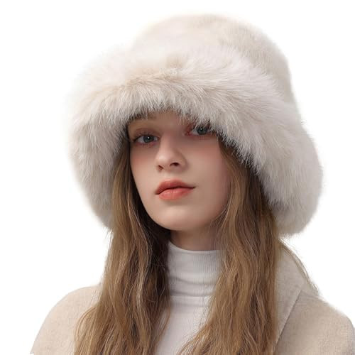 BSYLOO Fluffy Faux Fur Winter Bucket Hat for Women - Soft & Warm Plush Fisherman Hat, Cozy & Cute Beige | Amazon (US)