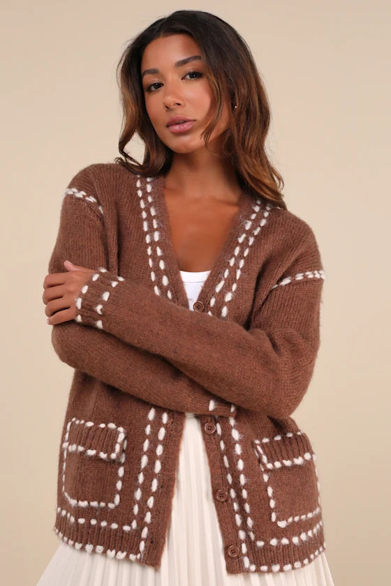 Cuddly Effect Brown Contrast Stitched Cardigan Sweater | Lulus