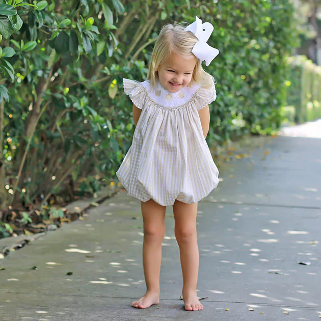 Seashells Smocked Tan Gingham Bubble | Classic Whimsy