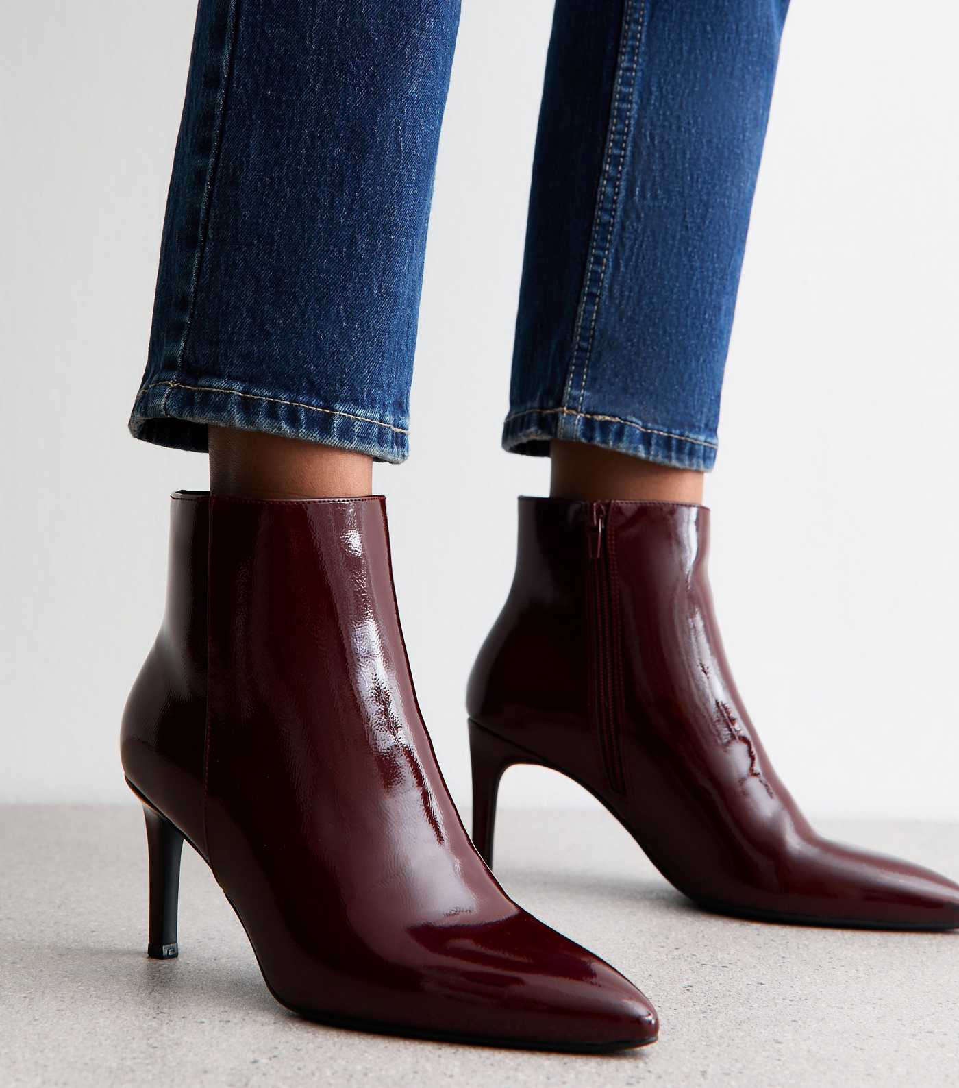 Dark Burgundy Faux Patent Leather Point Toe Ankle Boots | New Look | New Look (UK)