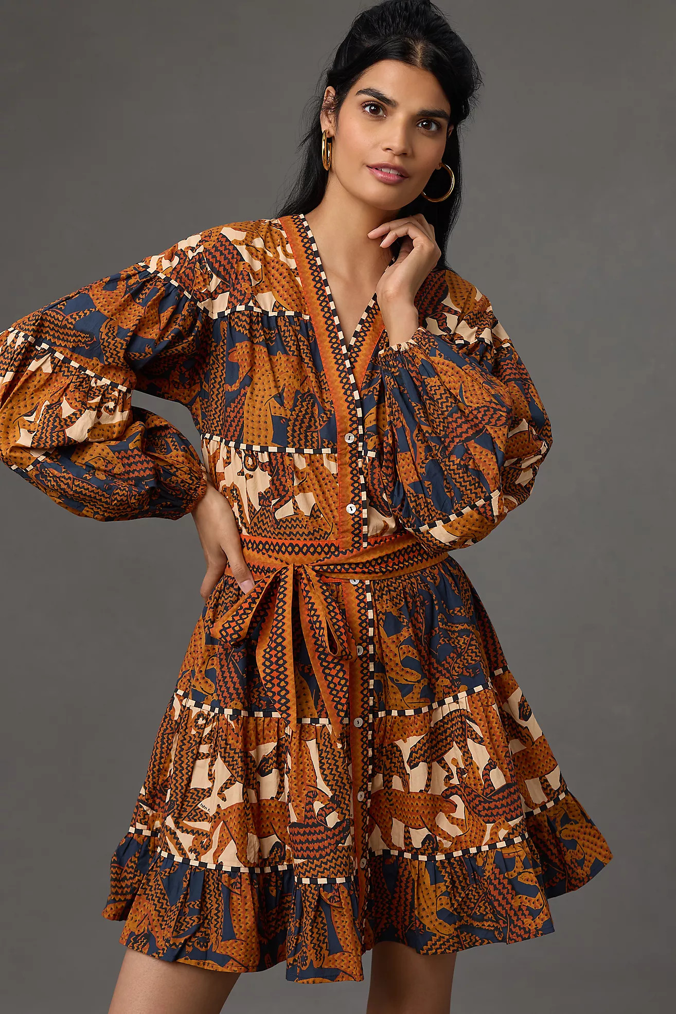 Farm Rio Long-Sleeve V-Neck Printed Mini Dress | Anthropologie (US)