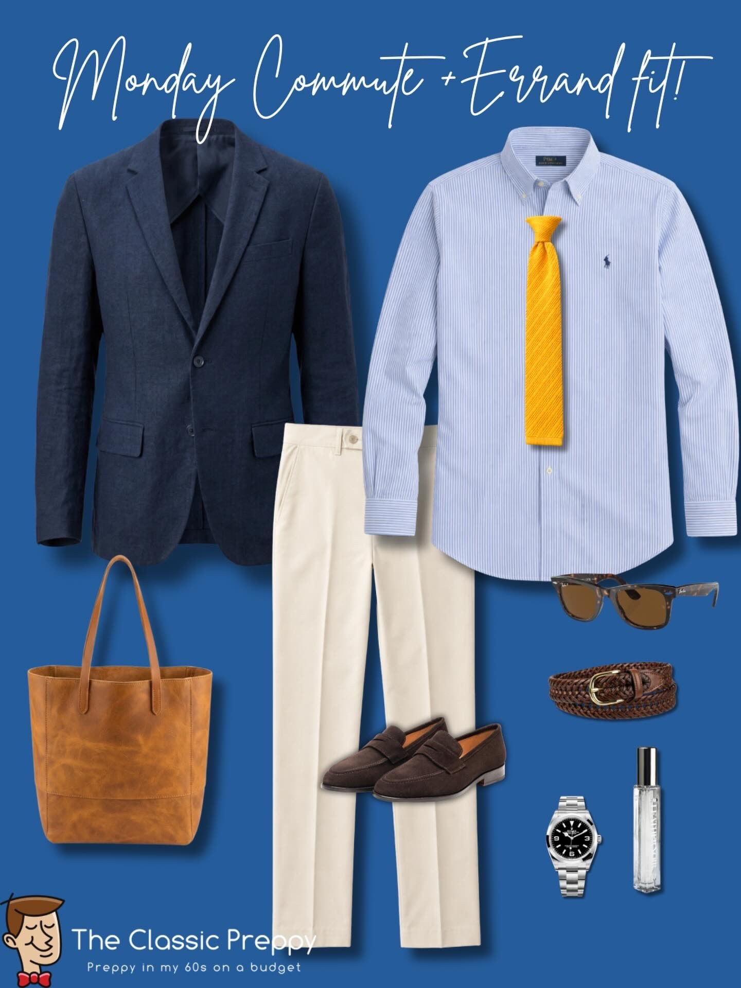 How to style a navy linen blazer for warm weather.

💙 Linen blazer – @oldnavy 
👔 Blue stripe – @poloralphlauren 
🟡 Gold knit tie – @otaa 
👖 Linen trousers – @suitsupply 
👞 Brown suede loafers – @casuccio1956 
👜 Leather tote – @mercatinocountry 
🕶 Sunglasses – @warbyparker
🧴 Fragrance – @bypetraliving 

The gold knit tie is the difference maker here—adds contrast, texture, and just enough personality without overdoing it.