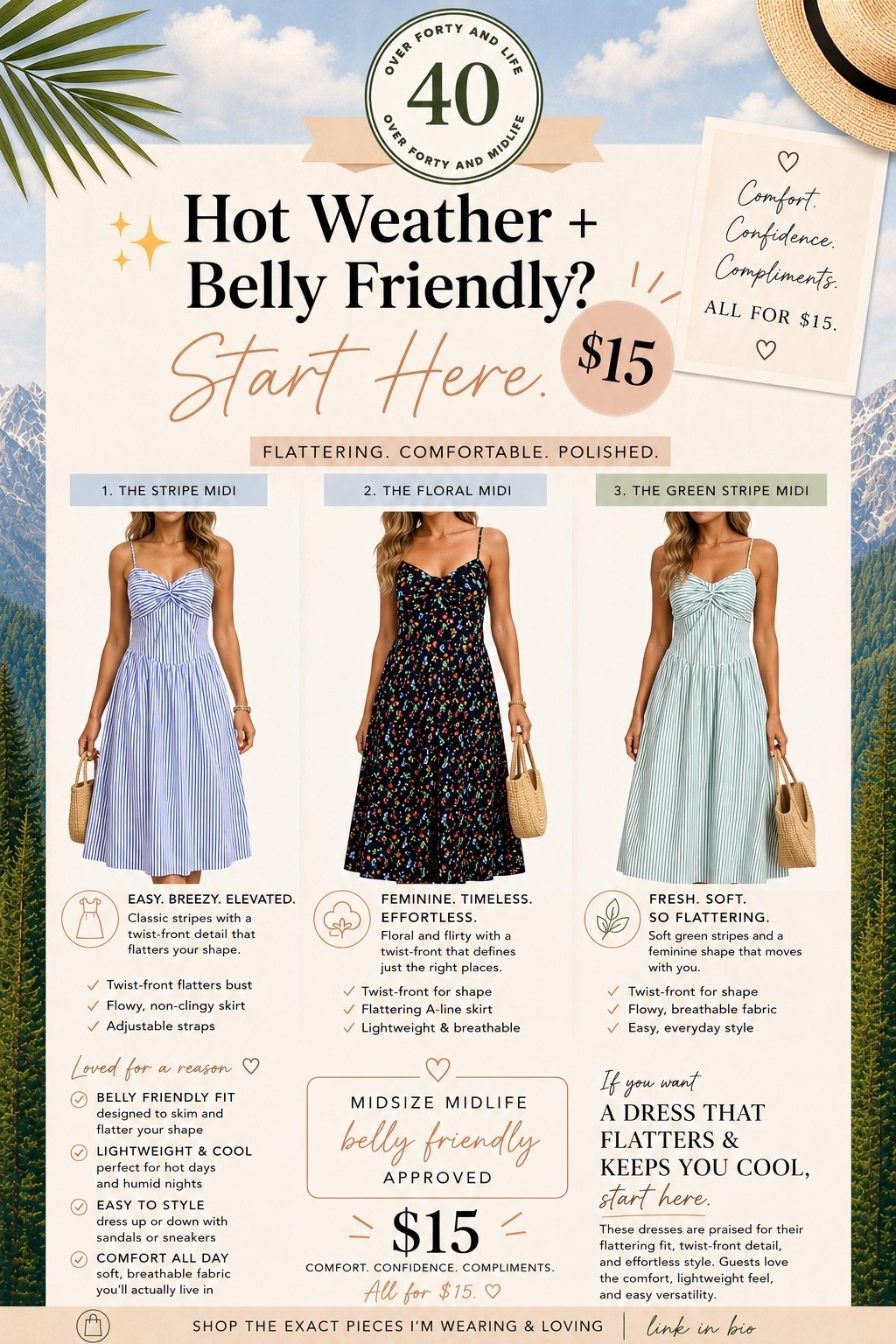 ✨Tap the bell, save and ❤️ for over 40 fashion, midlife style, midsize fashion and luxury looks for less. 

If you’ve been avoiding dresses because they cling in all the wrong places… I found some that don’t.

These are the styles I look for because they follow Outfit Physics™:
✨ They skim instead of cling.
✨ They create movement instead of bulk.
✨ They keep me cool without sacrificing polish.

Feeling confident in the heat doesn’t have to mean spending a fortune.

If you’re looking for flattering, belly-friendly summer dresses, start here. 🤍

👑 Helping you look good, feel good.
— Lindsey Denver

Check back daily for belly-friendly style, confidence, and Outfit Physics™.

Comment DRESS below and I’ll send you the links. 💙

#Over40Style #MidlifeFashion #BellyFriendly #MidsizeStyle #OutfitPhysics #SummerStyle #AffordableFashion #AmazonFashion #StyleOver40 #GenXStyle #ConfidenceInStyle #LTKStyle #DressInspiration #SummerOutfits #FashionOver40

#LTKOver40 #LTKMidsize #LTKPlusSize