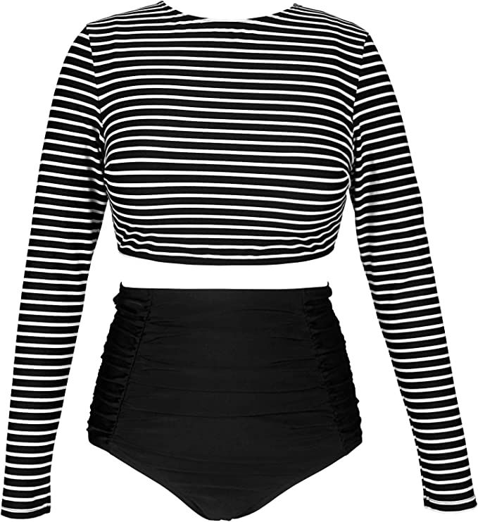 COCOSHIP Women's Long Sleeve Swim Shirt Rash Guard Top Tankinis Set High Waist Bathing Swimsuit(F... | Amazon (US)