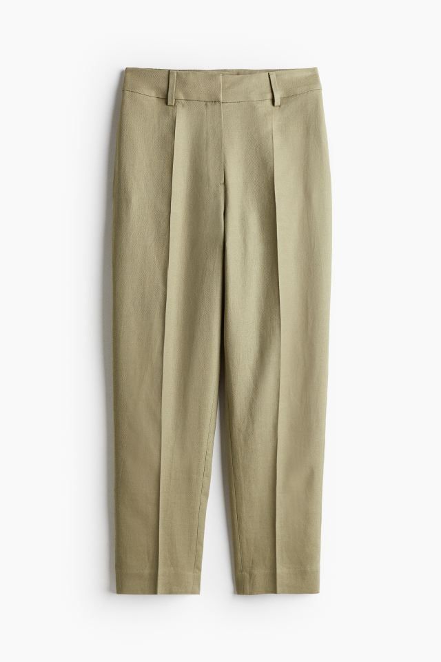 Linen-blend Pants - High waist - Long - Khaki green - Ladies | H&M US | H&M (US + CA)