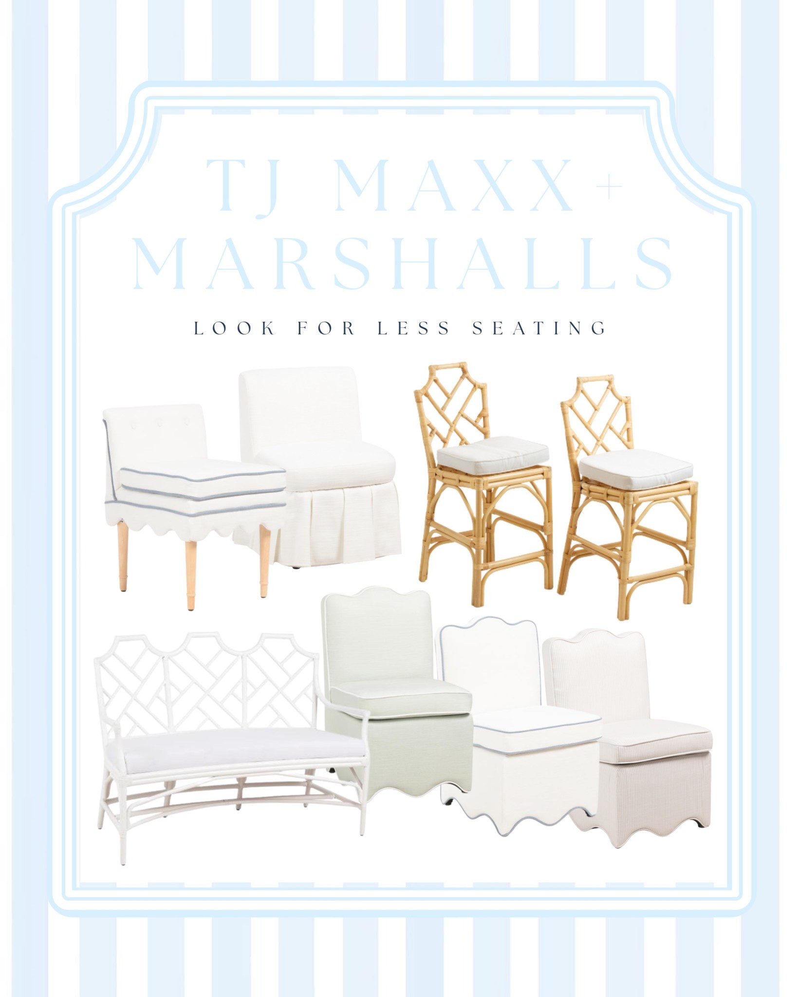 TJ Maxx + Marshalls look for less seating finds 🐚✨

Sharing the prettiest coastal chairs, rattan counter stools, scalloped accent chairs, and slipcovered seating that look designer without the designer price tag. Think Serena & Lily inspired style, bamboo bar stools, woven bench seating, and soft neutral accent chairs perfect for a coastal living room, bedroom, or breakfast nook.

If you love classic coastal, grandmillennial details, scalloped trim, and light & airy spaces — these budget-friendly seating finds are so good 🤍

#coastalstyle #coastaldecor #serenaandlilydupe #grandmillennialstyle #neutralhome #rattanbarstools #accentchair #lookforless #ltkhometrends @TJ Maxx @Marshalls trends#LTKspring #LTKspringtrends

#LTKHome
