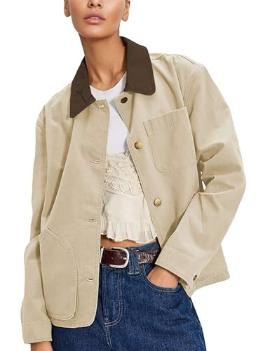 HangNiFang Oversized Contrast Barn Jacket for Women Button Down 2026 Fashion Coat with Pockets(2000-Khaki-M) | Amazon (US)
