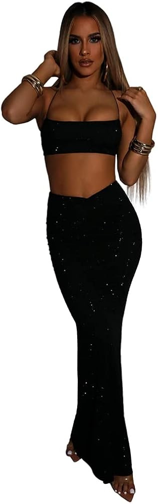 XLLAIS Sexy Crop Top and Maxi Skirt Set for Women Party Mesh Sparkle Dress Suit Sequin Beachwear | Amazon (US)