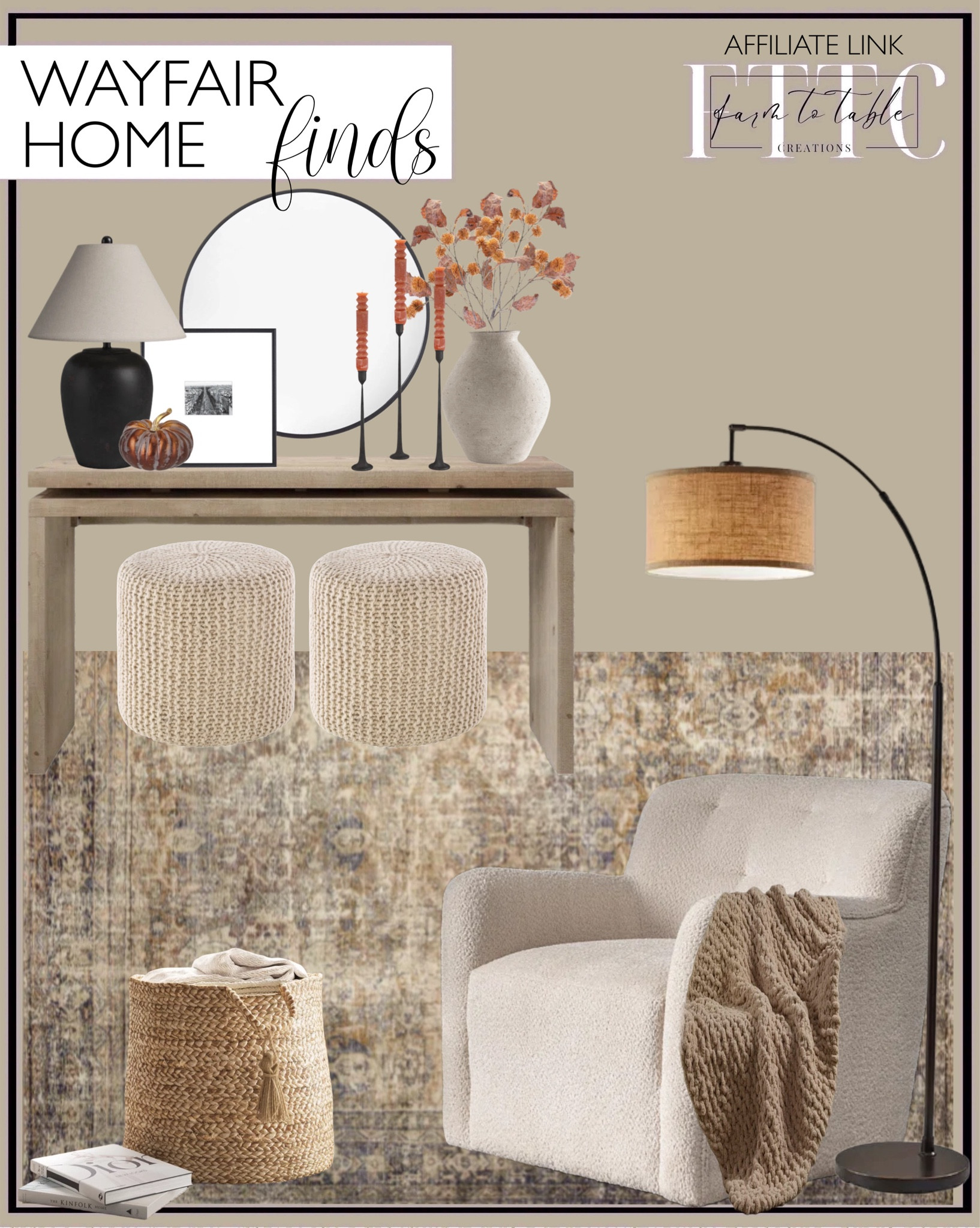 Wayfair Home Finds. Follow @farmtotablecreations on Instagram for more inspiration.

Bryell 32.5" Wide Chenille Upholstered Swivel Accent Armchair. Arwah console table. Round mirror. Ceramic Table Lamp. Loloi Morgan Sunset Ink Rug. Gallery Wall Frame Set. Table Vase. Thistle Arrangement (Set of 6). Totem Taper Candles. Autumn Pumpkin. Aukerman 68'' Arched Floor Lamp. Chenille Chunky Throw. Natural Jute Basket. Lee Upholstered Pouf  

Living Room Decor. Fall Console Table. Console Table Styling. Fall Decor. Cozy Home  

#LTKFindsUnder50 #LTKSaleAlert #LTKHome