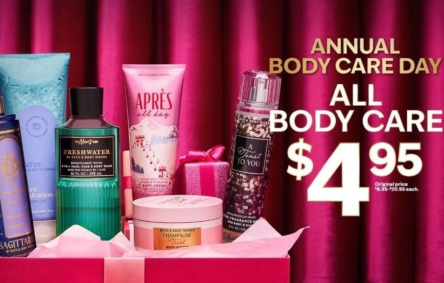 Bath & Body Works Annual Body Care Day is extended into today where all body care products are only $4.95!!! Best pricing of the entire year today 🙌🏻 - several of you took advantage of this amazing deal already! Use code SCORE to take advantage of the deal! 

You also can buy online and pick up in a local store up to 5 business days later! 

#LTKGiftGuide #LTKBeauty #LTKSaleAlert