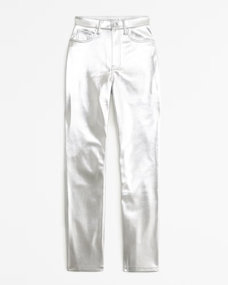 Abercrombie & Fitch Women's Vegan Leather 90s Straight Pant in Silver - Size 32 SHORT | Abercrombie & Fitch (US)