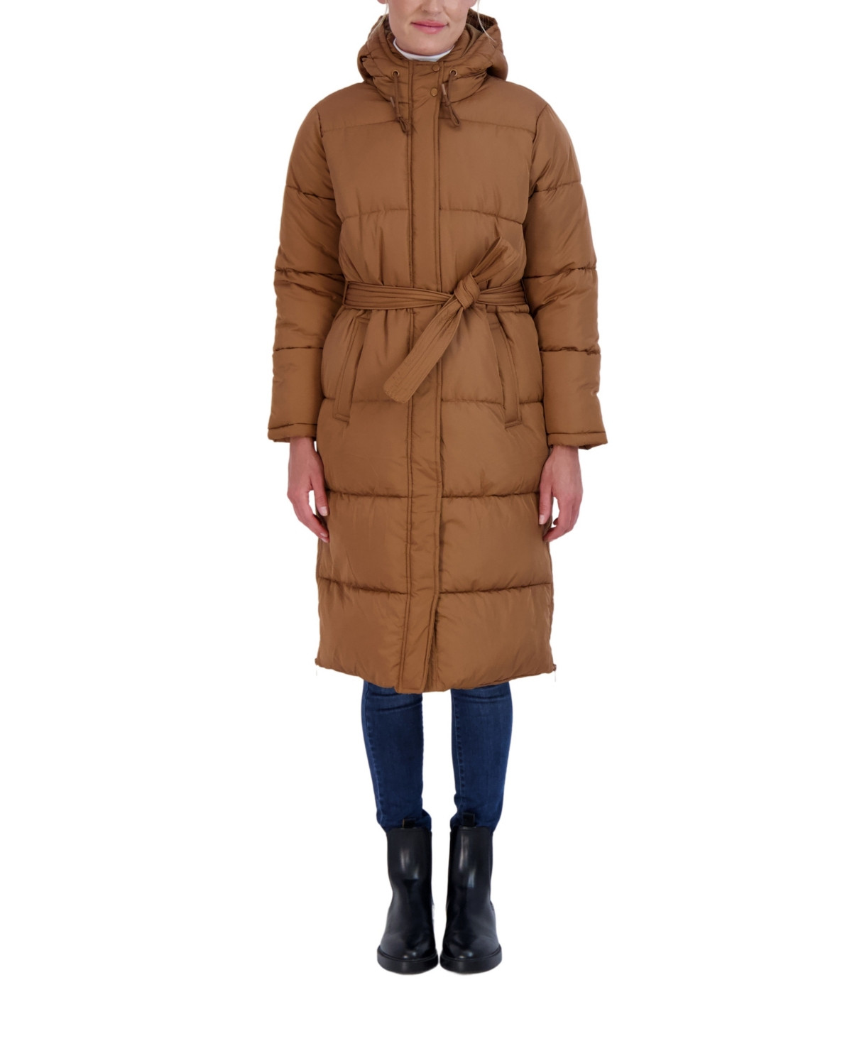 Sebby Collection Women's Long Puffer Jacket with Hood and Belt - Duck brown | Macy's