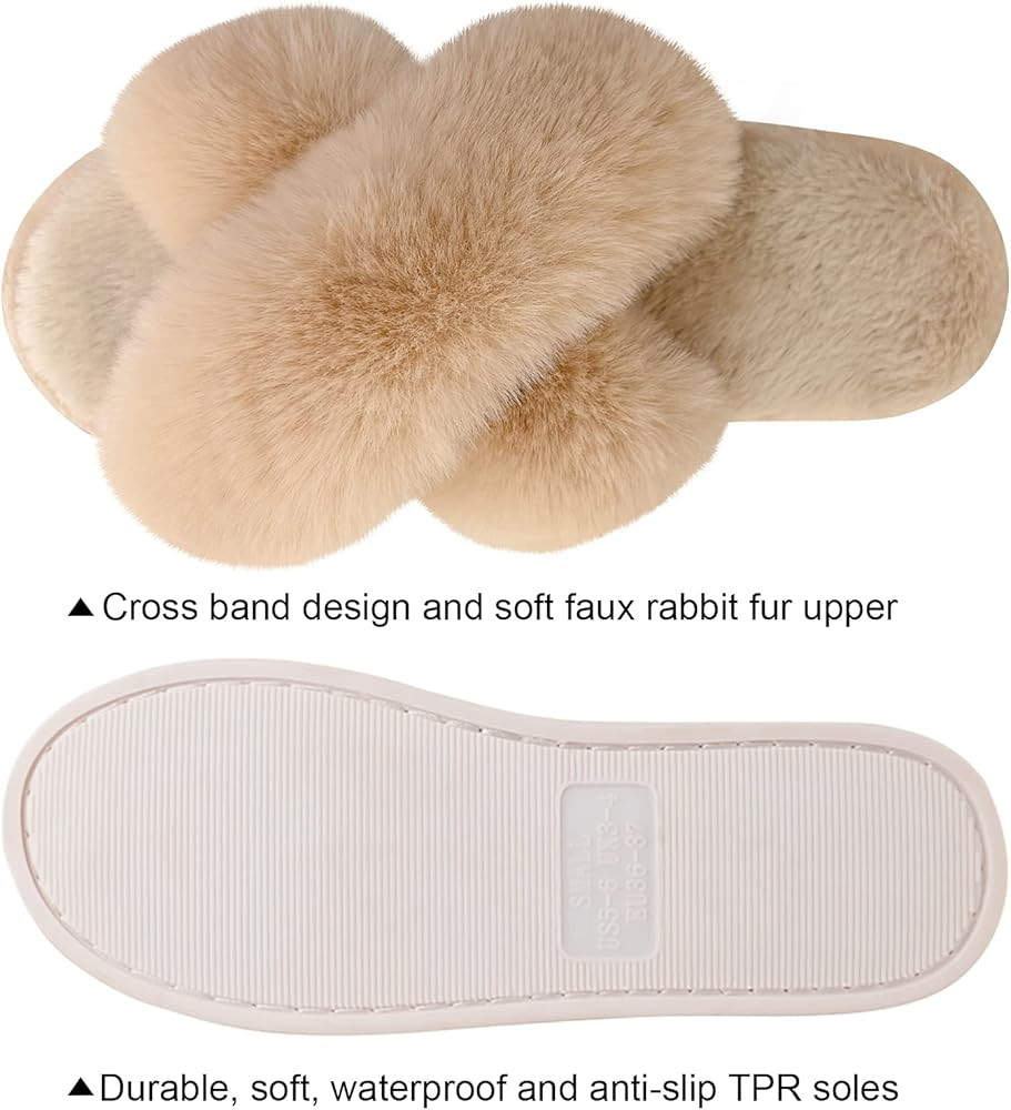 Women's Cross Band Slippers Soft Plush Furry Cozy Open Toe House Shoes Indoor Outdoor Faux Rabbit Fu | Amazon (US)