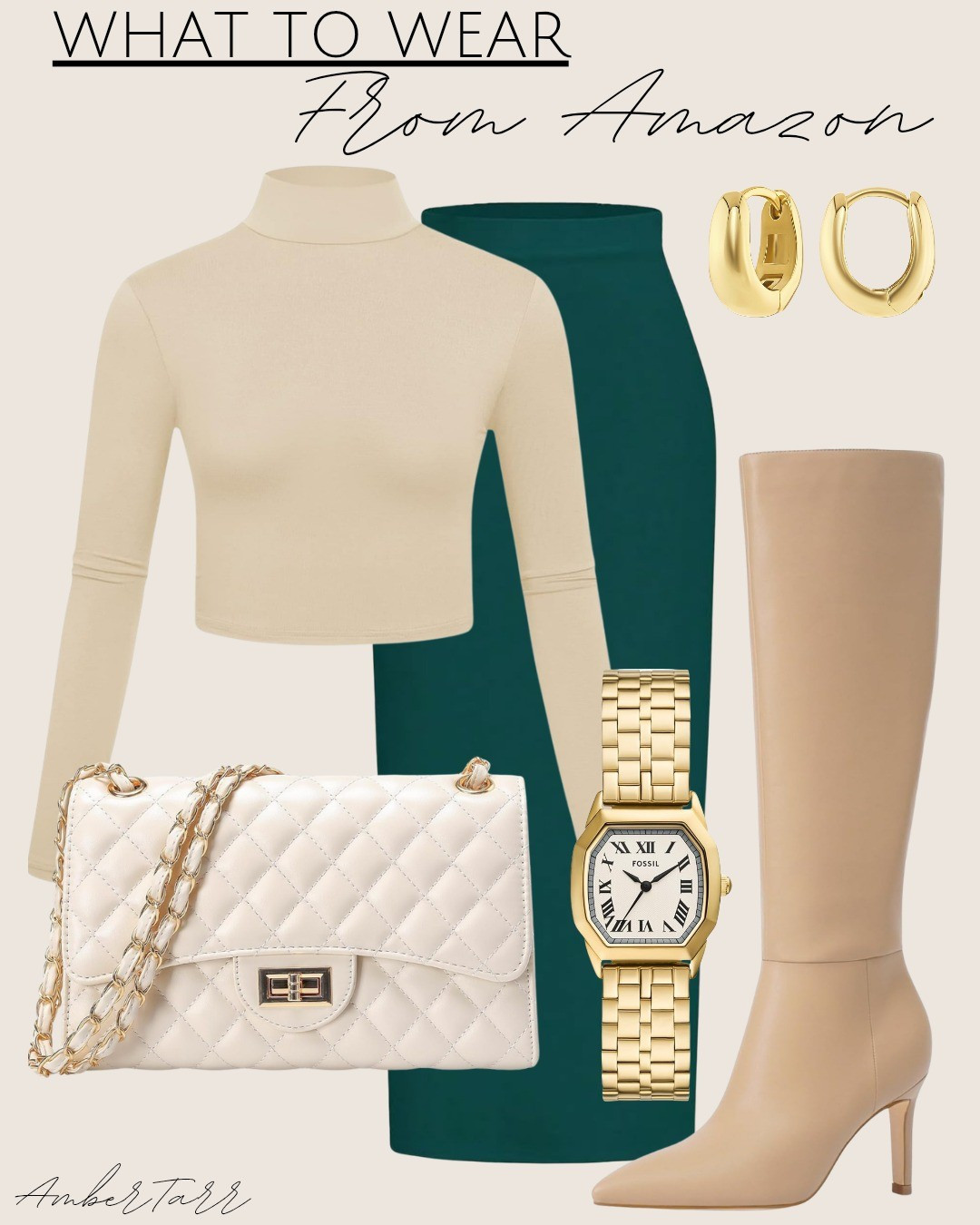 Mock neck long sleeve top, high waisted pencil skirt, beige knee high boots with gold accessories. Date night look from Amazon fashion.

#LTKootd #LTKOver40 #LTKFindsUnder100