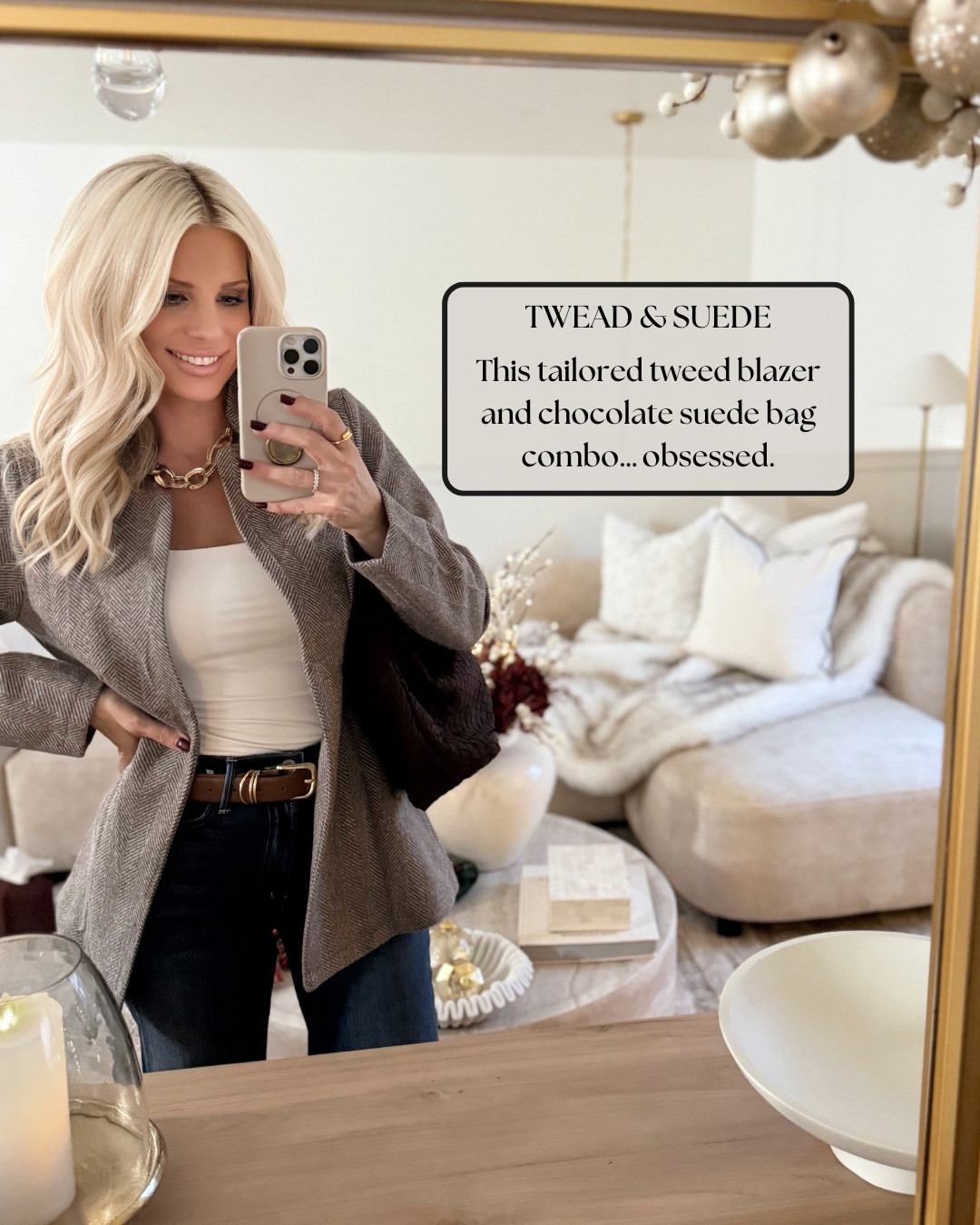 TWEED & SUEDE — TAILORED FALL LAYERS. This tailored tweed blazer feels elevated, polished, and so easy to style. I paired it with a CHOCOLATE SUEDE BAG that adds the perfect rich fall tone. I love this combo — clean, classic, and effortlessly chic.

#Amazon #TheHillaryStyle #FallOutfits #ElevatedBasics #TweedBlazer #SuedeBag #NeutralStyle #ModernClassic #EverydayChic #AmazonFashion 

 #LTKSeasonal #LTKOver40 #LTKFindsUnder100