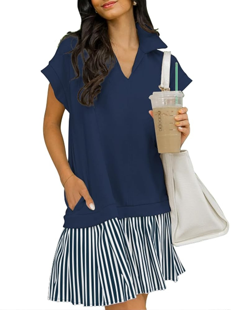 Women's V Neck Short Sleeve Summer Dress Patchwork Cap Sleeve Casual Loose Fit Pleated Striped Sh... | Amazon (US)