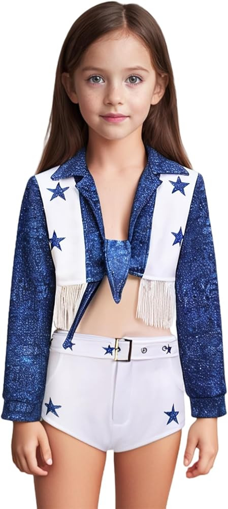 Girls Cowboy Cheerleader Costume Blue Star Cheerleader Outfit for Kids Uniform Set | Amazon (US)