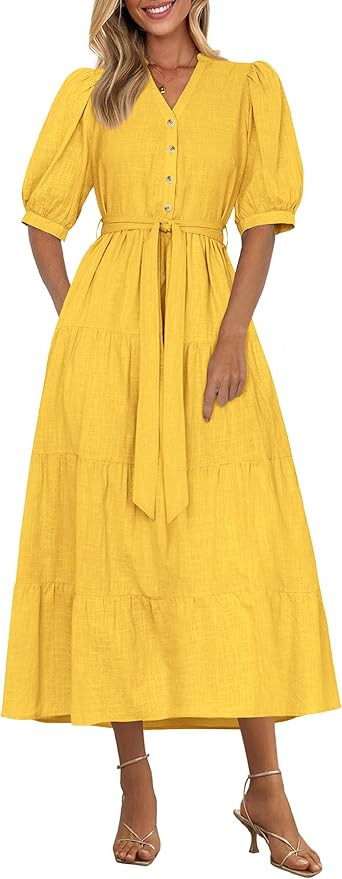PRETTYGARDEN Summer Dresses for Women 2026 Elegant Classy Short Sleeve V Neck Ruffle A Line Belte... | Amazon (US)
