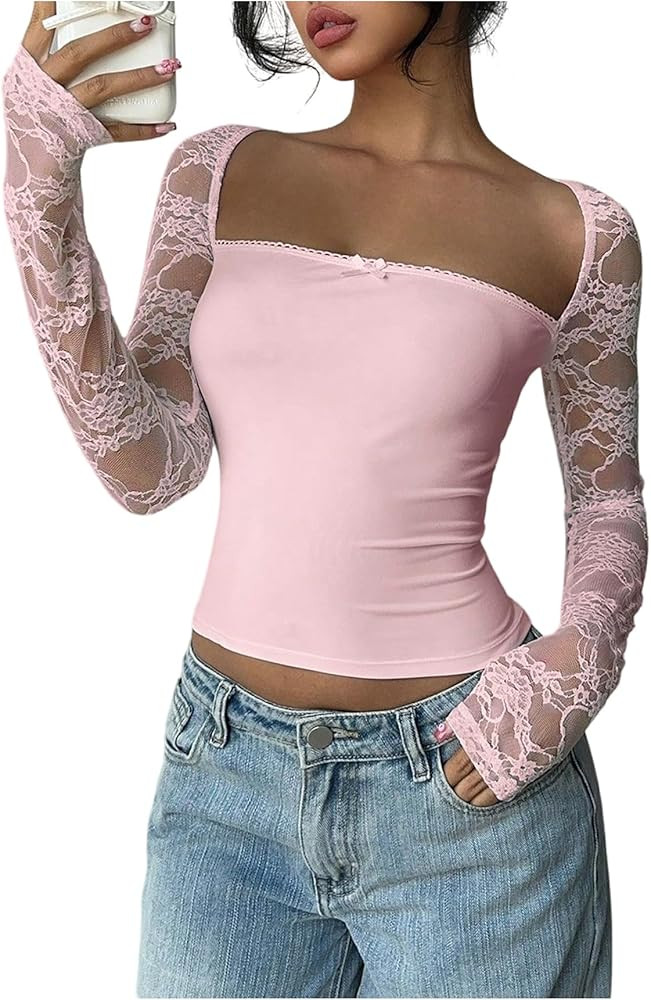 SOLY HUX Women's Lace Sheer Long Sleeve T Shirt Y2k Square Neck Slim Fit Going Out Crop Tops | Amazon (US)