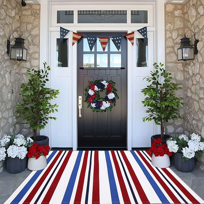 CAINANEL Blue/White/Red Striped Rug 4th of July Door Mat 3' x 5' Summer Front Porch Rug Independe... | Amazon (US)
