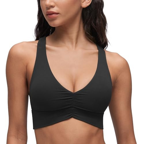 CRZ YOGA Butterluxe Womens Ruched Longline Sports Bras - V Neck Padded Yoga Tank Wide Straps Cross Back Crop Tops Black XX-Small | Amazon (US)