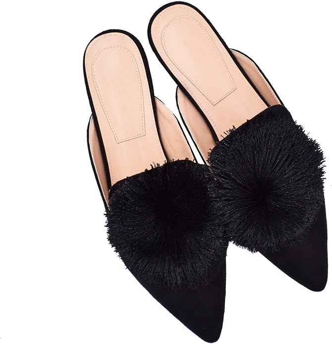 Fericzot Slip On Mule Backless Loafers Flats Puff PomPom Pointed Toe Casual Shoes Slippers | Amazon (US)