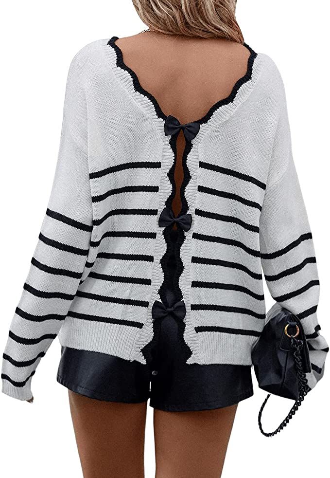 SweatyRocks Women's Bow Back Long Sleeve Sweater Striped Print Scallop Trim Pullover Top White L ... | Amazon (US)