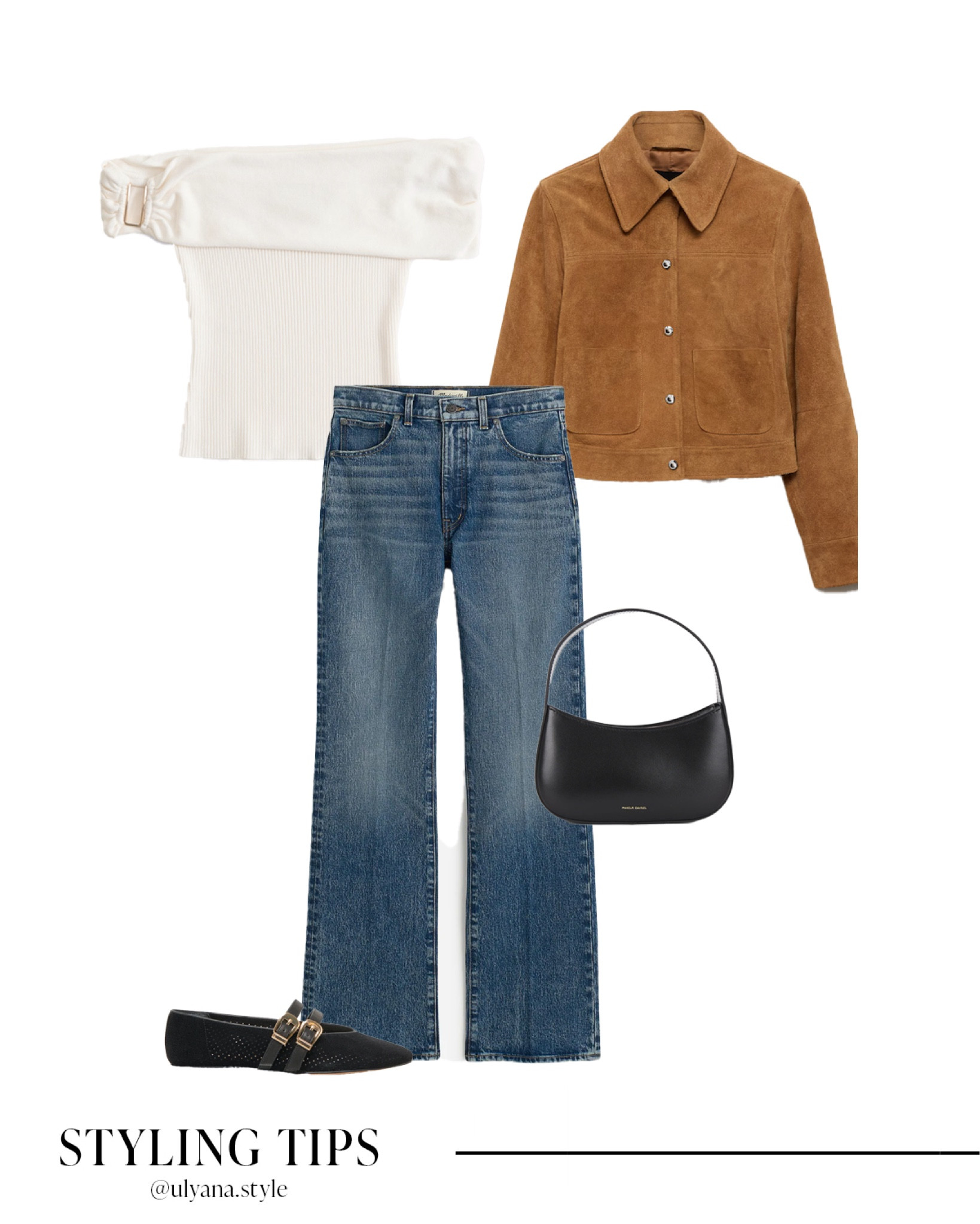 Western-inspired chic! Style a suede jacket with an off the shoulder sweater top, classic jeans, ballet flats, and a shoulder bag Ideal for casual days, country concerts, or a subtle western touch.
.
.
.
.
.
.
Suede jacket | brown jacket | concert outfit | casual jacket | western outfit | jeans outfit | flare jeans outfit | white tops | cute tops | black ballet flats outfit | suede bag | outfit ideas | outfit inspo | black shoulder bag | 

#LTKSeasonal #LTKU #LTKSaleAlert #LTKGiftGuide #LTKWorkwear #LTKTravel #LTKShoeCrush #LTKItBag 

#LTKFindsUnder100 #LTKStyleTip #LTKFindsUnder50