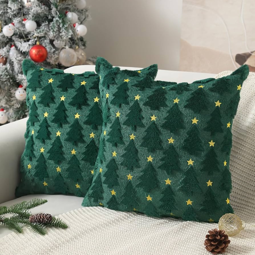 Christmas Pillow Covers 18 x 18 inch Set of 2 Dark Green Christmas Tree Pillow Covers Decorations... | Amazon (US)