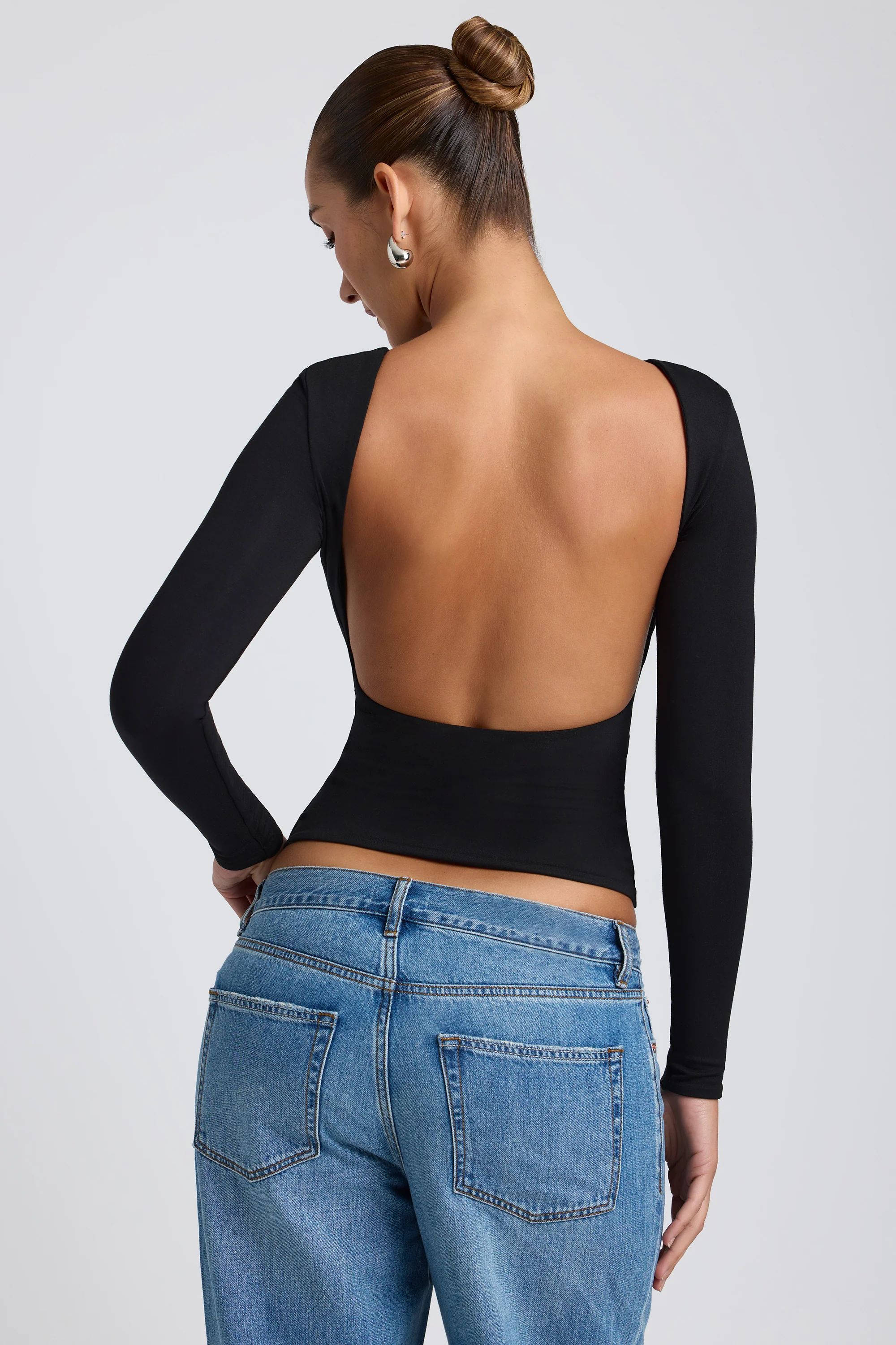 Modal High Neck Long Sleeve Open Back Top in Black | Oh Polly