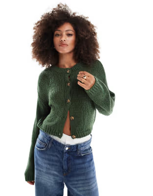 ASOS DESIGN loose knit crew neck cardigan in green | ASOS (Global)