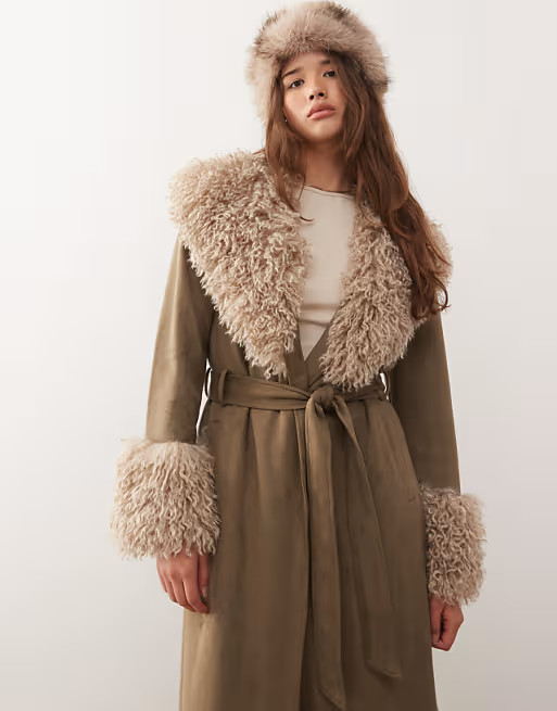Reclaimed Vintage longline suede look trench coat with faux fur collar and cuffs in khaki | ASOS | ASOS (Global)