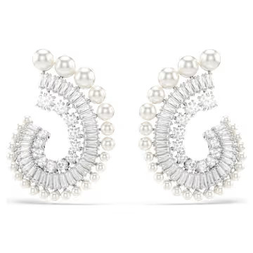 Ariana Grande x Swarovski drop earrings, Crystal Pearl, Mixed cuts, White, Rhodium plated by SWAR... | SWAROVSKI