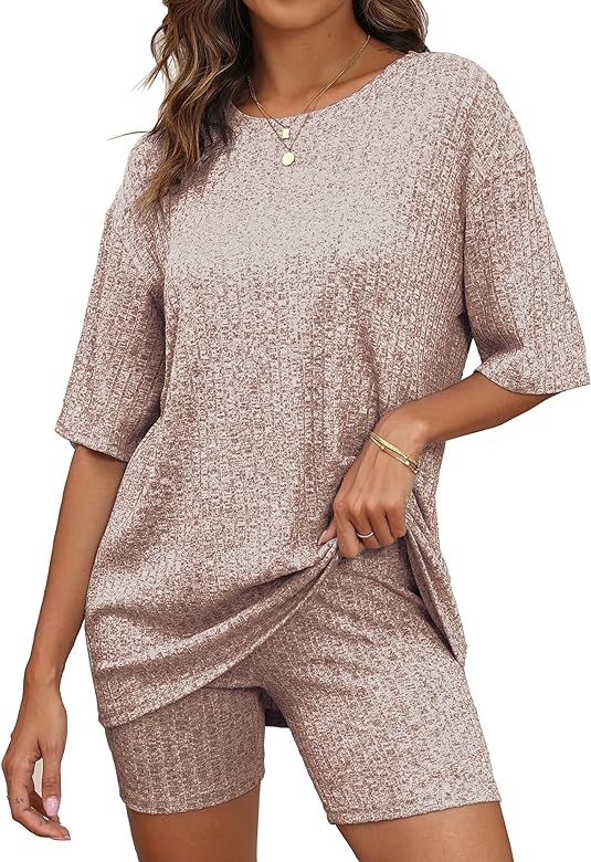 BEKOFO Women's Lounge Sets Pajamas Ribbed Knit Short Sleeve 2 Pieces Tshirt Bike Shorts Loungewea... | Amazon (US)