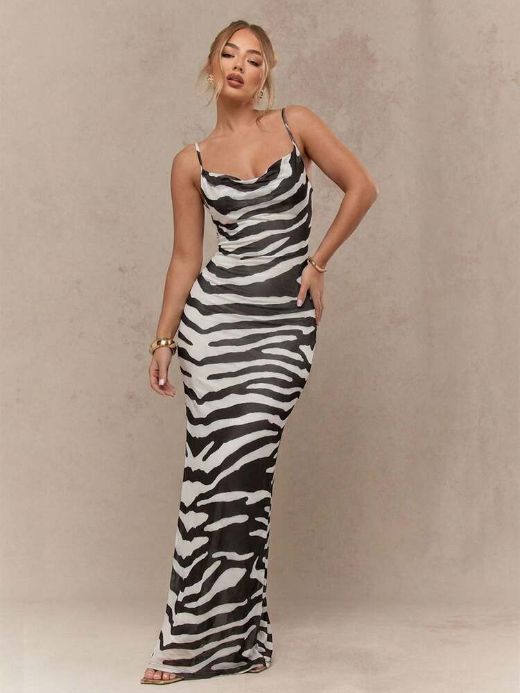 MISSGUIDED Zebra Print Maxi Cowl Neck Spaghetti Strap Bodycon Floor Length Evening Gown Animal Pattern Sleeveless Formal Fitted Party Dress | SHEIN USA | SHEIN