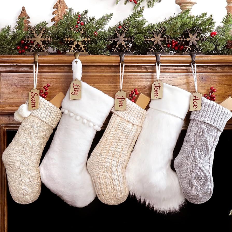 Pawliss Christmas Stockings with Name: 5 Pack Farmhouse Plush Faux Fur & Cable Knitted Fireplace ... | Amazon (US)