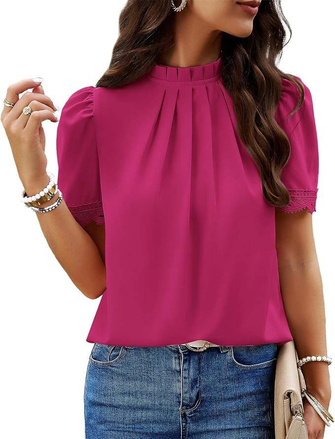BTFBM Women Blouses Dressy Casual 2026 Summer Tops High Neck Lace Trim Short Sleeve Business Work... | Amazon (US)