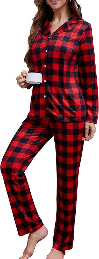 Womens Christmas Pajama Sets Long Sleepwear Button Down Shirt and Long Pants with Pockets Cozy Lo... | Amazon (US)