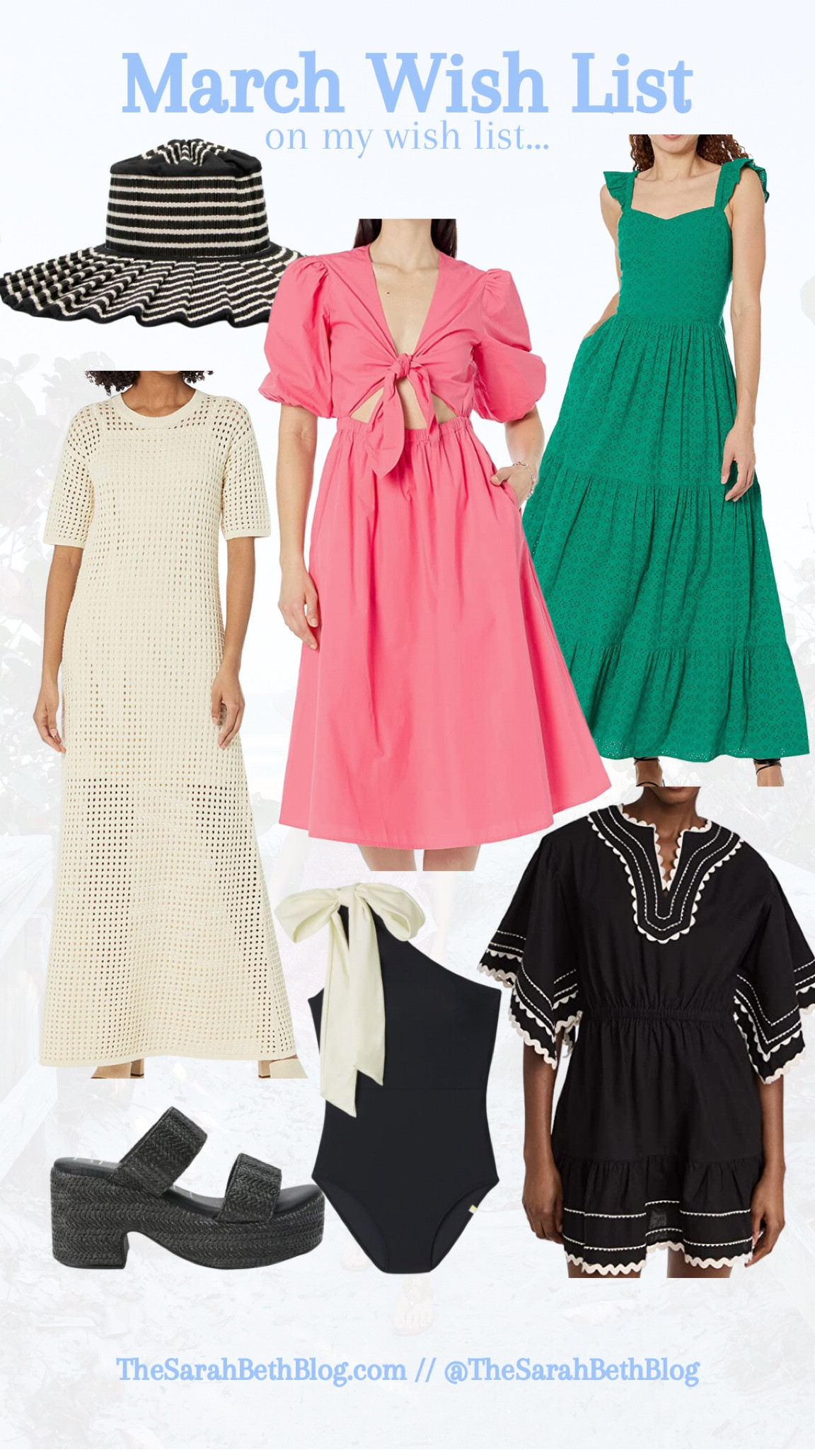 March Wish List! Spring dress and beach hat. Sea New York ric rac swim coverup black rattan wedges and bow sidestroke bathing suit 

#LTKSeasonal #LTKtravel #LTKswim