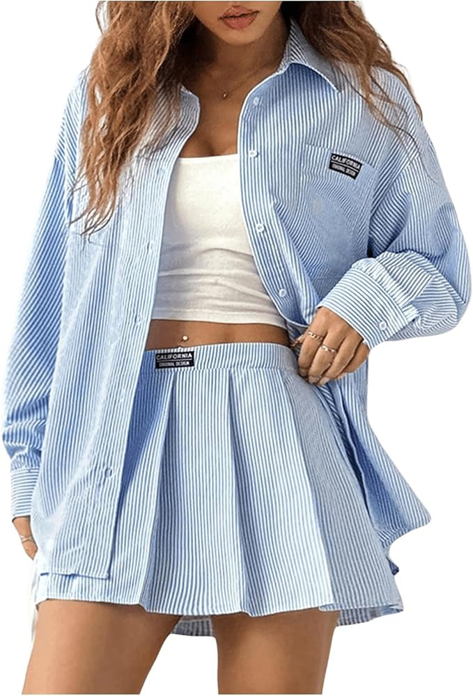 MakeMeChic Women's Two Piece Fall Outfit Striped Button Down Shirt and Pleated Skirt Matching Set | Amazon (US)