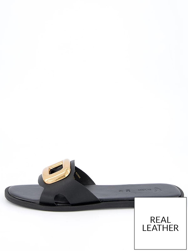 V by Very Leather Eyelet Slider - Black | Very (UK)